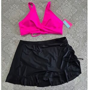 Aqua Eve Pinup Fashion Bikini Set Neon Pink Halter Top Black Swim Skirt XXL NWT